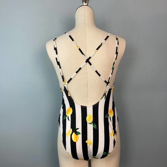 no Boundaries Lemons Black White Striped One Piece Swimsuit Juniors Large 11-13 - Picture 5 of 12